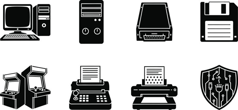 Retro Computer and Vintage Technology Icon Set Featuring 80s Desktop PC, Arcade Machine, Floppy Disk, Matrix Printer, and Legacy Hardware Symbols for Tech History Vector Illustration