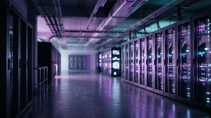 Fototapeta premium Exploring futuristic server rows under purple lighting in a dim data center corridor – a photo of advanced technology infrastructure