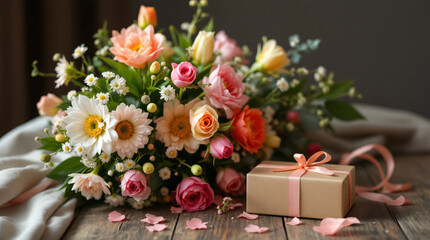 Obraz premium A beautiful bouquet of colorful flowers with a small gift box and scattered petals on a rustic wooden table.
