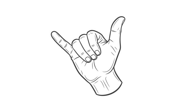 Detailed line art illustration of a hand making the shaka or hang loose gesture, with thumb and pinky extended and middle fingers curled.