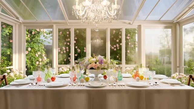A romantic timelapse of an easter brunch table setting itself in a glass conservatory with climbing roses and crystal chandeliers, concept of greenhouse easter and botanical elegance