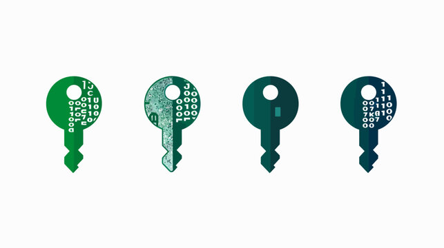 Four stylized keys with gradients and binary code patterns, symbolizing security or data