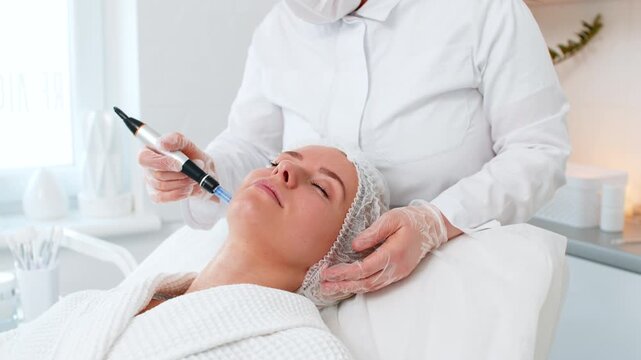 Caucasian middle-aged woman girl receives microneedling treatment under eye area during fractional mesotherapy session. Cosmetologist applies serum with dermapen, prepares injection in beauty clinic.