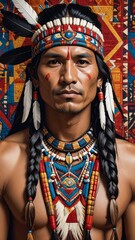 Obraz premium Native American man with braids, feather headdress, decorative jewelry, solemn expression, patterned backdrop