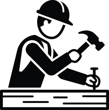 Carpenter Hammering Nail Silhouette, Construction Worker Vector Icon