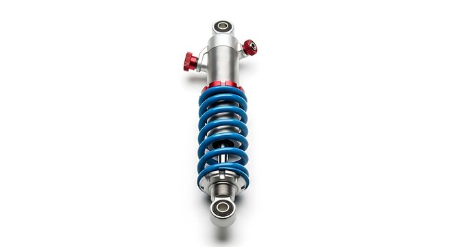 A single blue coilover shock absorber with red adjustment knobs is isolated.