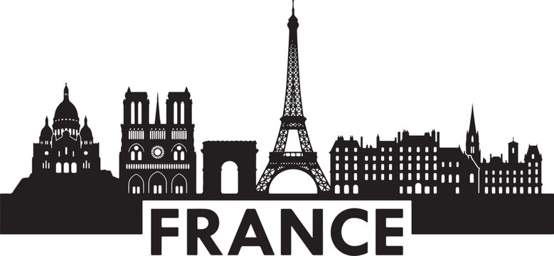 Parisian landmarks in black silhouette against white background with France text