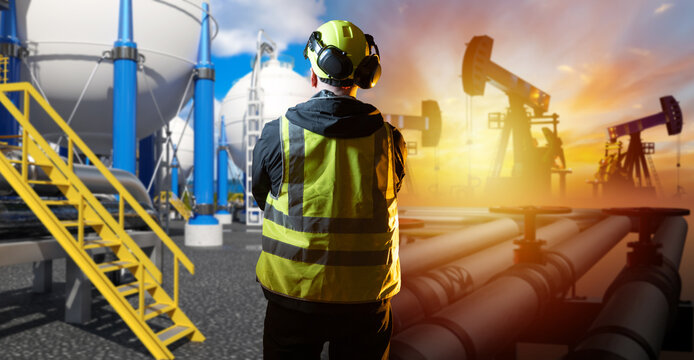 Energy industry operations, Field engineer inspects oil and gas facilities near storage tanks and pumpjacks. Industrial safety, energy production, equipment monitoring.