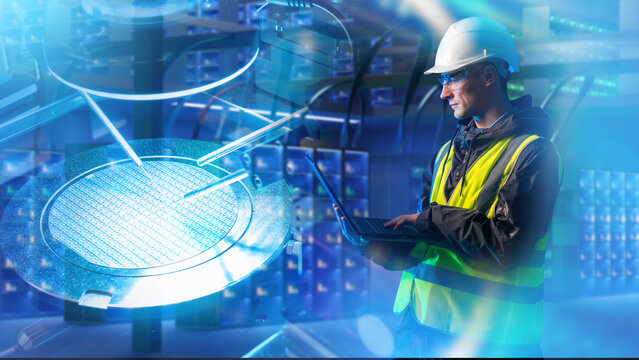 Semiconductor manufacturing, Process engineer monitors silicon wafer production using digital systems. Microchip fabrication, cleanroom control, high tech industry operations.