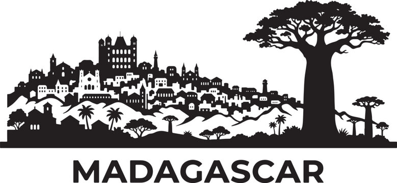 Stunning silhouette of Madagascar landscape with trees and buildings