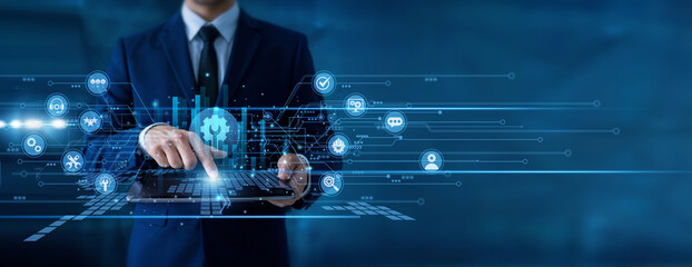 IT technician using tablet analyzing technical support service reports on structure digital...