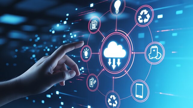 Hand interacting with cloud computing network