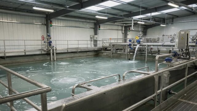 Medium shot of a covered water neutralization basin showcasing industrial equipment adjusting pH levels for safe discharge in a controlled environment.