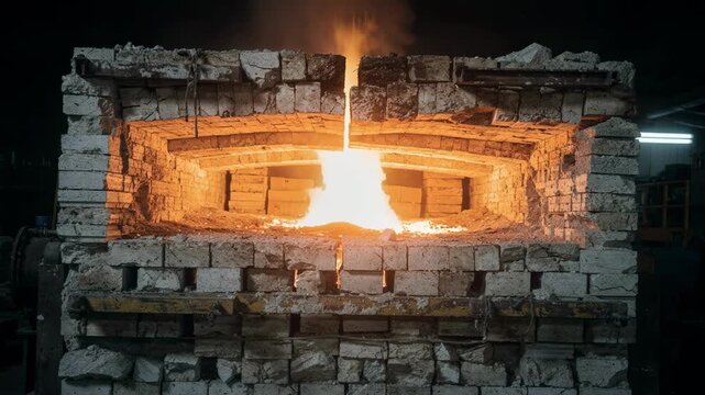 Cinematic medium shot focusing on the glowing interior of a magnesia sintering furnace highlighting thermal energy and robust refractory construction details.