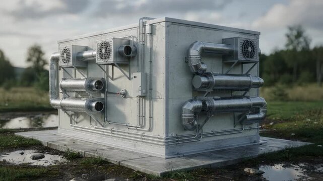 Optimized cooling systems visible on insulated equipment hut with softfocus temperate surroundings illustrating environmental control in mixed weather zones.