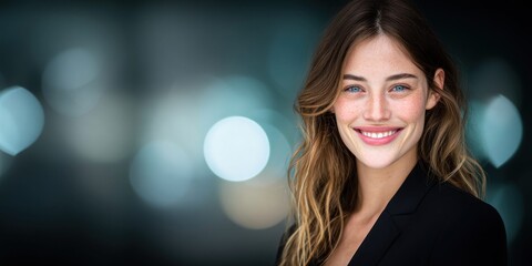 Obraz premium Young woman with freckles and blue eyes smiling confidently in a black blazer