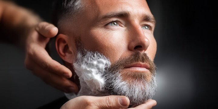 Mature man with beard receiving shaving foam application from barber's hands