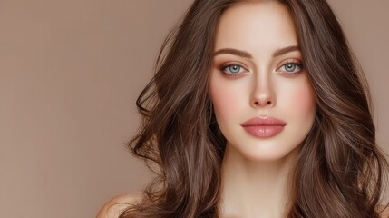 Fototapeta premium Beautiful woman with flawless skin and voluminous brown hair, soft makeup, and gentle expression