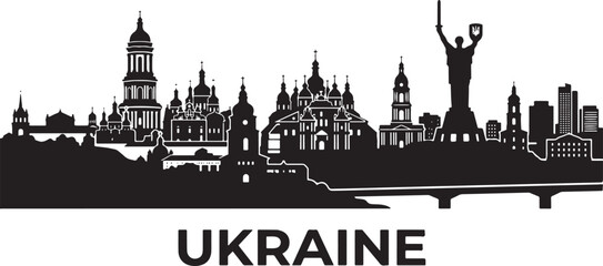 Fototapeta premium Kiev cityscape with iconic statue and church domes in Ukraine