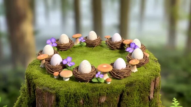 A whimsical timelapse of a woodland easter scene forming on a mossy tree stump with bird nests and wild violets, concept of forest magic and natural easter celebration