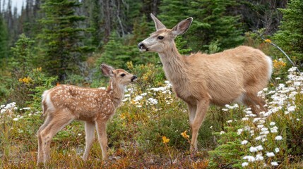 Deer mother and fawn in natural habitat amidst greenery and wildflowers
