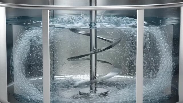 Baffled mixing tank interior with a slowly rotating impeller demonstrating turbulent liquid movement and efficient blending through vertical and radial agitation.