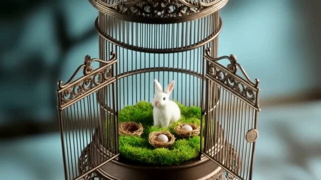 An artistic timelapse of an ornate vintage birdcage opening and filling with moss and tiny nests for easter, concept of whimsical captivity and magical spring