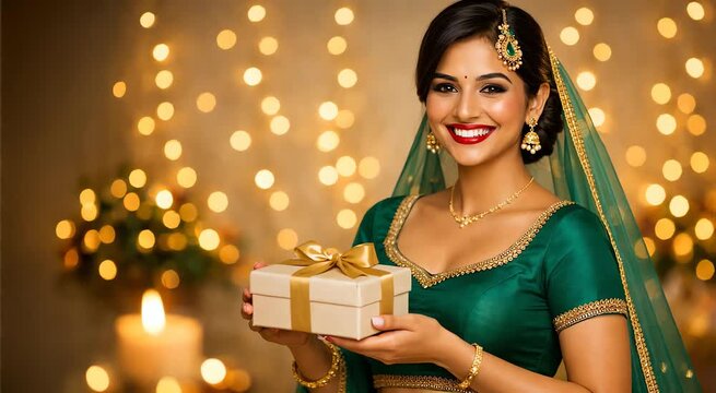 Indian woman smiling and holding gift box during festive celebration wearing traditional dress suitable for festival advertisement gifting promotion celebration video