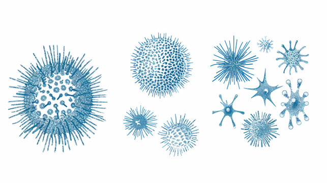 Artistic watercolor illustrations of various microscopic structures, in shades of blue