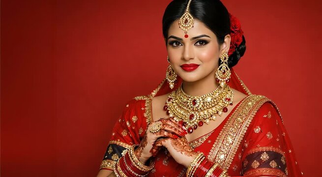 Indian bride looking at camera with hands together showing mehndi and gold jewelry in elegant bridal pose ideal for wedding advertisement jewelry promotion beauty brand marketing