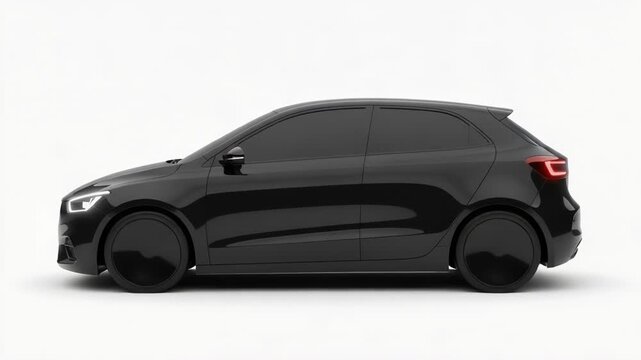 A sleek, black, four-door hatchback car with tinted windows and red taillights, viewed from the side against a white background