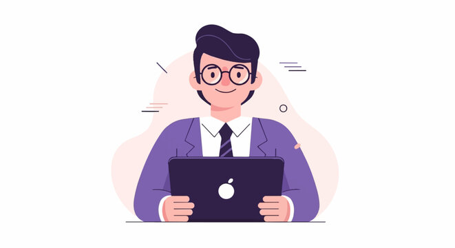 Cheerful man in a suit and tie smiles while holding a laptop with an apple logo