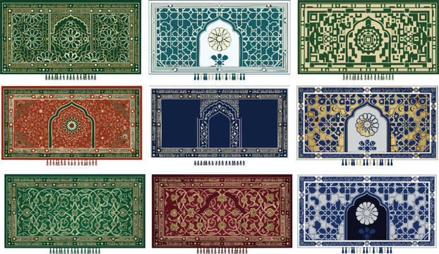 Web Islamic Prayer Rug Vector Set: Traditional Sajadah Mats with Geometric Mihrab Patterns and Arabesque Ornaments