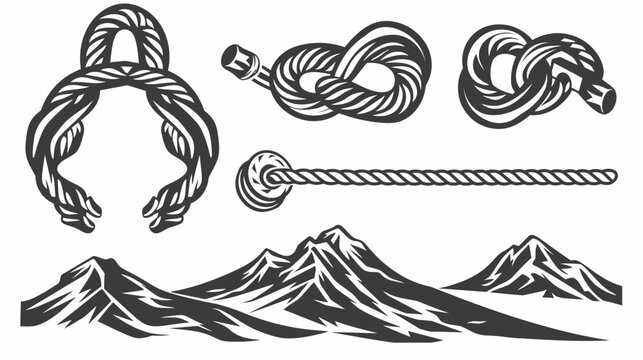 Vector illustration featuring rope knots, rope detail, and mountains. Elements in a monochromatic design