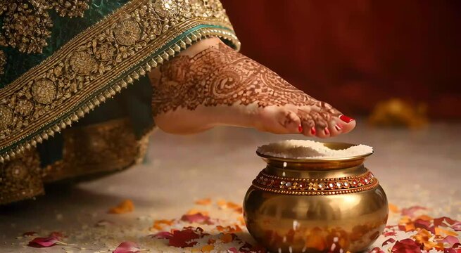 Indian bride mehndi foot touching rice pot during wedding ritual ceremony closeup traditional marriage custom suitable for wedding advertisement culture promotion video