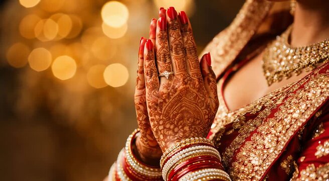 Indian bride mehndi hands in prayer gesture during wedding ceremony closeup traditional ritual scene suitable for wedding advertisement culture promotion festival video
