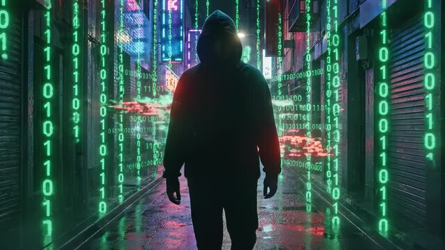 Hooded hacker walking through dark alley with binary code overlay and access denied system breach alerts representing unauthorized network entry