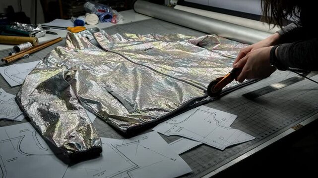 Reflective windbreaker fabric pieces arranged on a cutting table medium shot highlighting the shimmering material and industrial template use.