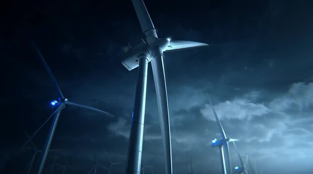 Wind Turbine at Night: A dramatic night scene showcasing wind turbines against a dark sky, illuminated by subtle lighting, symbolizing sustainable energy and innovation.