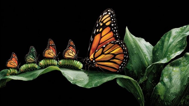 Sequential progression of insect metamorphosis shown from larval stage to adult on dark background