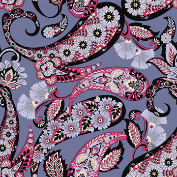 Floral seamless pattern with paisley ornament. Vector illustration in asian textile style