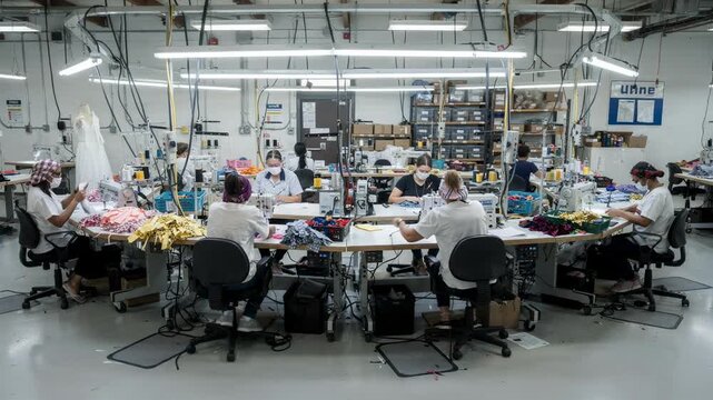 Medium shot of a Uline sewing production setup showing operators positioned in a semicircular arrangement optimizing ergonomic workflow for dress assembly.