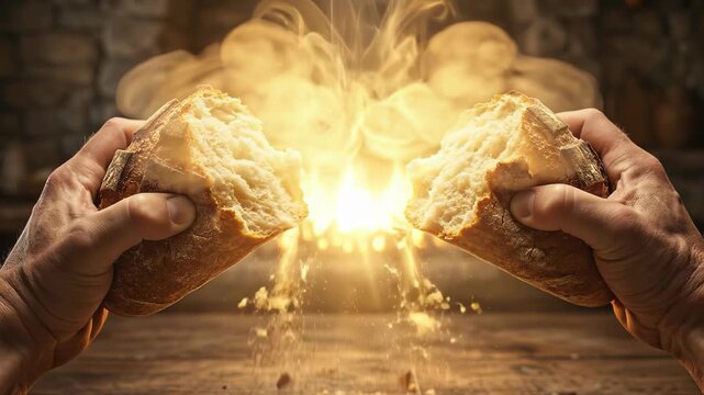 Close up of hands breaking a fresh warm loaf of crusty bread with steam rising and golden light against a rustic stone background