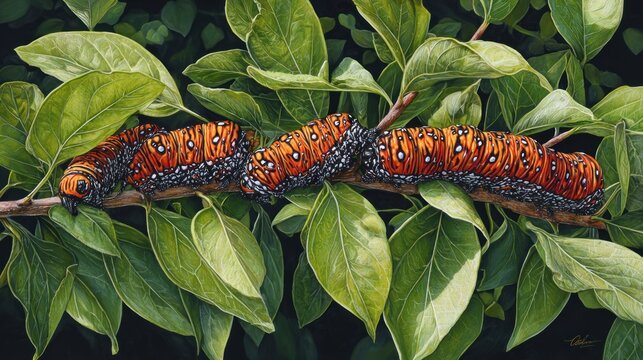 Several bright orange and black larvae rest upon a brown twig surrounded by lush green foliage.