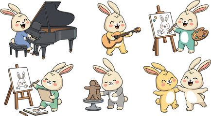 Kawaii Chibi Bunny Hobby Character Set with Cute Rabbits Playing Piano Guitar Painting on Easel and Sculpting Vector Illustration Collection (20 words) © MdSaddam