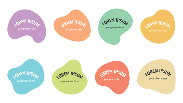 Set of colorful organic liquid blobs with placeholder text. Abstract irregular amoeba shapes for badges, social media stickers, and creative labels.