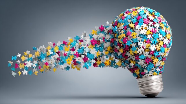 Colorful puzzle pieces form an incandescent lamp symbolizing creative thought and complexity