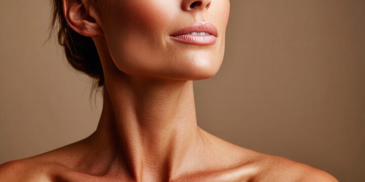 Close-up of a woman's neck and jawline with soft lighting and subtle makeup