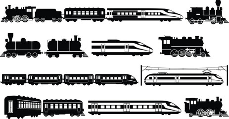 Black silhouette vector illustration of diverse trains including steam locomotives, electric trains, and modern high-speed rail, symbolizing transport, history, and railway design themes © MdMahmudul