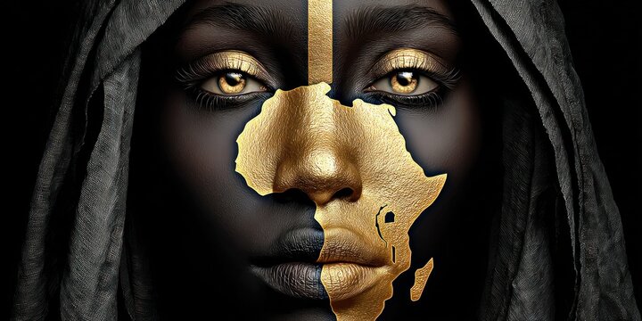 Striking portrait of a woman with Africa map painted on her face in gold and black